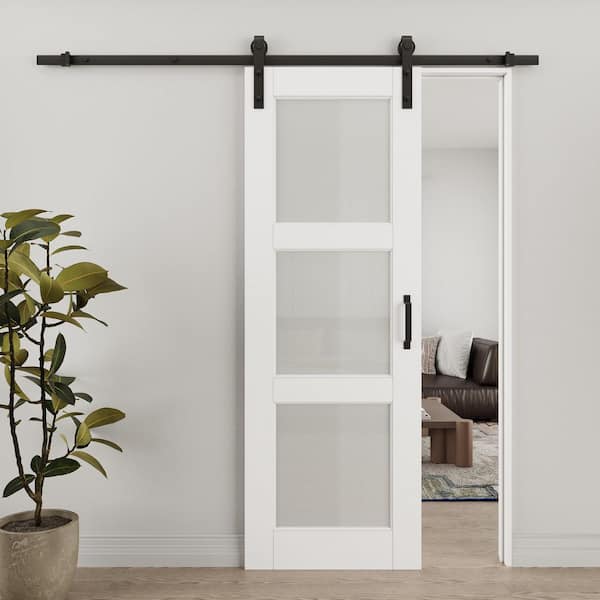 28 in. x 80 in. 3-Lite Tempered Frosted Glass White Primed MDF Composite Sliding Barn Door with Hardware Kit