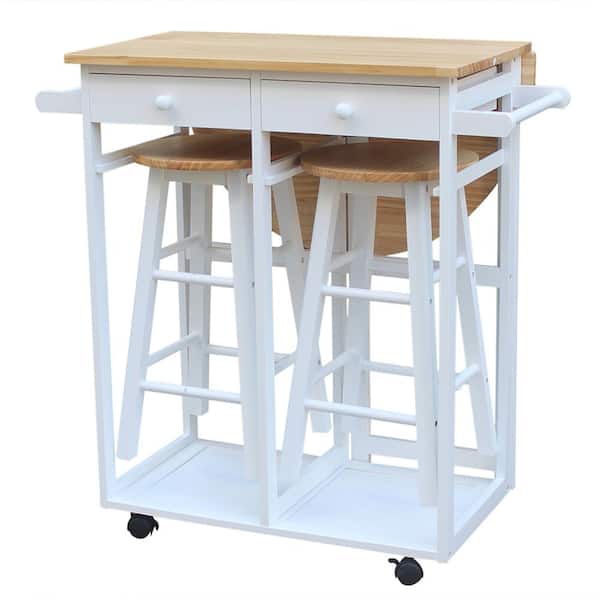 Karl home White Solid Wood Folding Kitchen Cart Storage Rack with Wheels