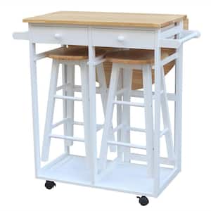 White Solid Wood Folding Kitchen Cart Storage Rack with Wheels