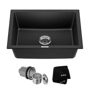 Drop-in/Undermount Granite Composite 24 in. Single Bowl Kitchen Sink Kit in Black