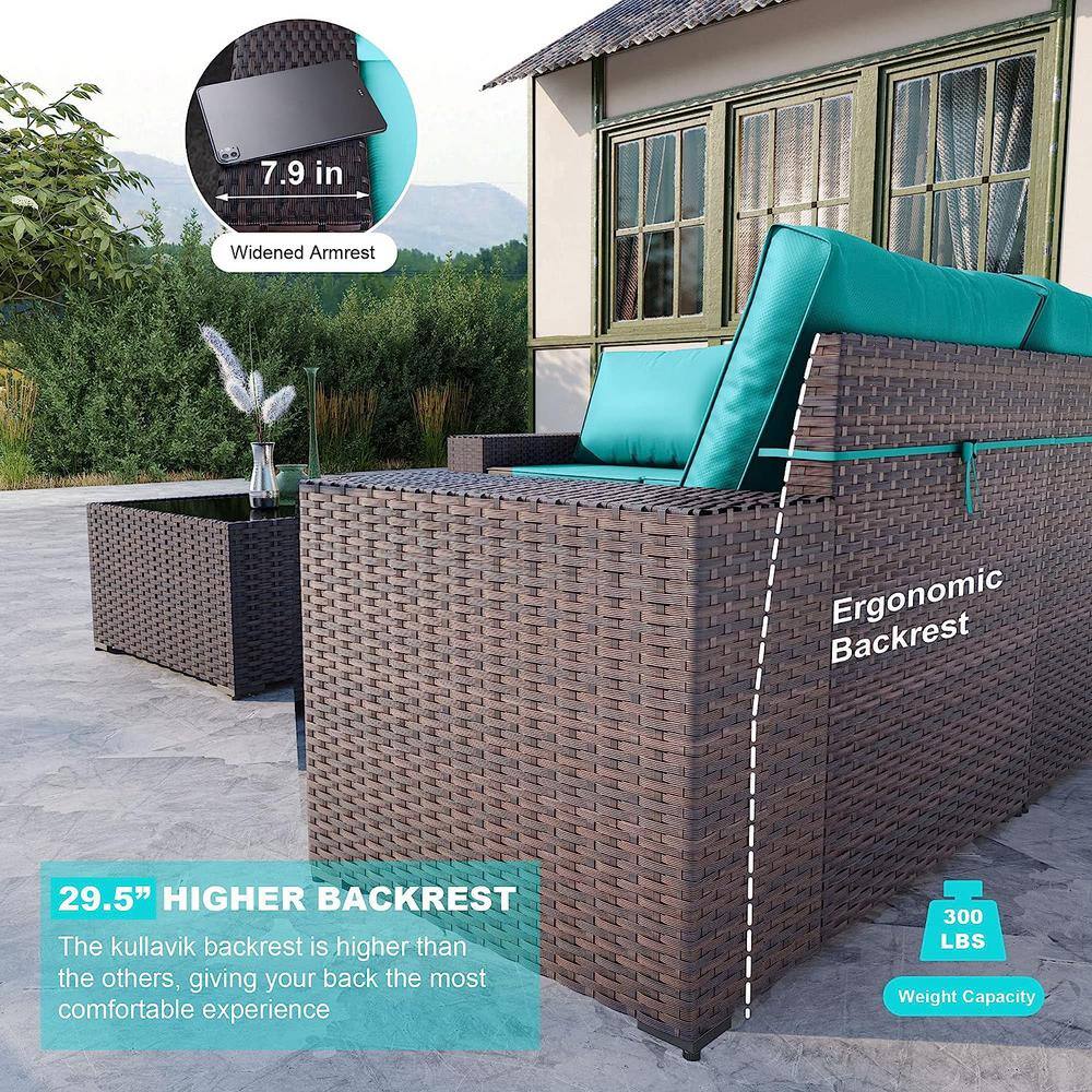 5-Piece Brown Steel Frame Outdoor Sectional Sofa with Blue Cushions