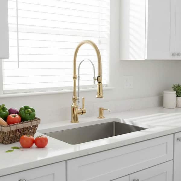 Single Handle Pull Down Sprayer Kitchen Faucet Solid Brass with Soap Dispenser in Gold and Chrome