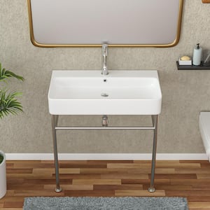 35 in. Ceramic White Single Console Sink Basin and Legs Combo with Overflow Hole and Steel Brushed Nickel Leg