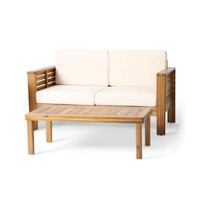 2-Piece Teak Acacia Wood Outdoor Loveseat with Cream Cushions and Coffee Table Set