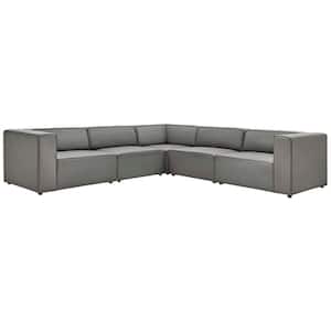 Mingle 5-Piece Gray Faux Leather L-Shaped Symmetrical Sectional Sofa with Elegant Trim Piping