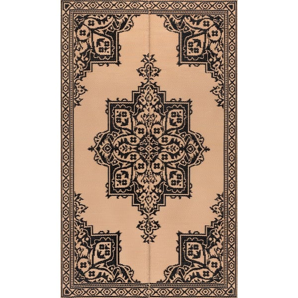 Dory Medallion Border Foldable Waterproof Reversible Plastic Straw Black/Cream 9 ft. x 12 ft. Outdoor Area Rug