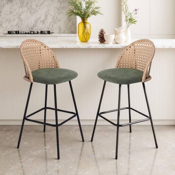 Uixe 40.55 in. H Woven Wicker Low Back Metal Bar Stool with Green