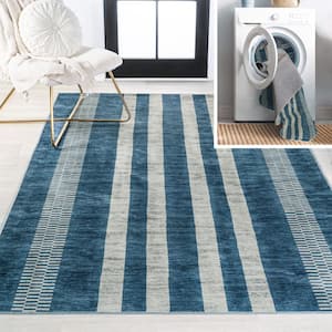 Blue/Cream 3 ft. x 5 ft. Vichy Geometric Striped Machine-Washable Area Rug