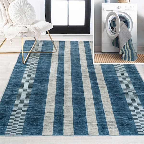 JONATHAN Y Blue/Cream 3 ft. x 5 ft. Vichy Geometric Striped Machine-Washable Area Rug