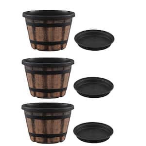 12 in. Brown Plastic Flower Pots with Drainage Holes and Saucer (4-Pack)