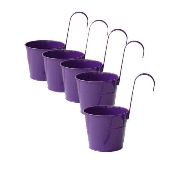 Hanging Flower Pots for Outdoor Indoor Plants with Removable Hooks, 5-Pack Metal Buckets Hanging, Drainage Holes, Purple