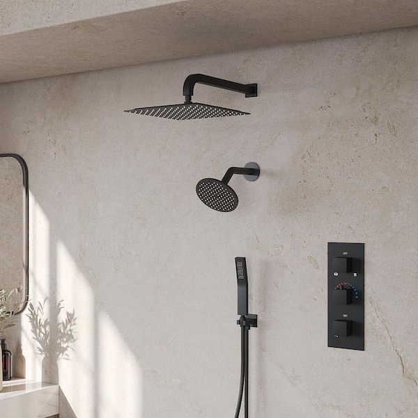 GRANDJOY 12 in. Thermostatic 5-Spray Square Wall-Mount Dual Fixed and Handheld Shower Head 2.5 GPM in Matte Black with Valve