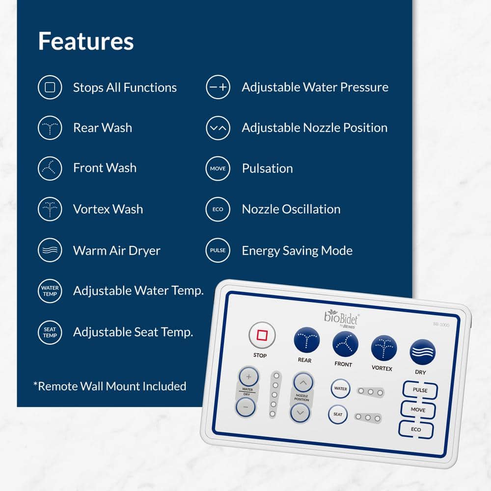 White Heated Electric Bidet Toilet Seat with Remote Control