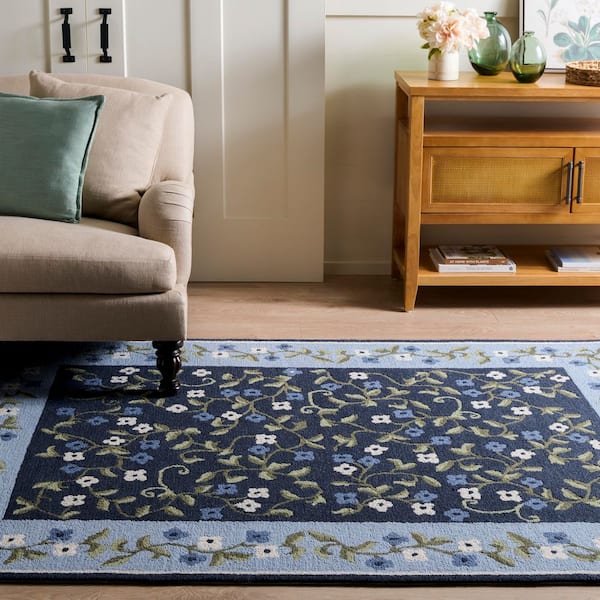 Martha Stewart Denali 8 ft. x 10 ft. Navy/Light Blue Border Botanical Indoor/Outdoor Area Rug