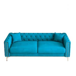 83 in. Wide Square Arm Velvet Modern Rectangle Sofa in Blue