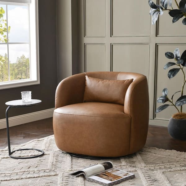 Camel Faux Leather Upholstered Swivel Armchair Set of 1