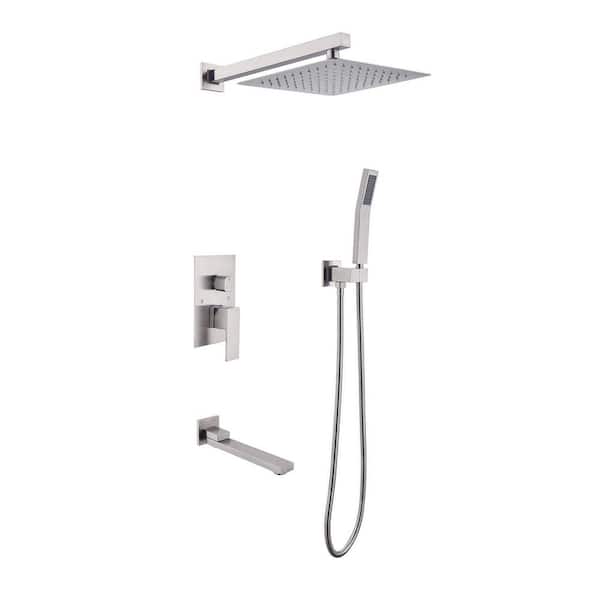 1-Spray Patterns 9.8 in. Wall Mount Dual Fixed and Handheld Shower Head with Bathtub Faucet 1.8 GPM in Brushed Nickel