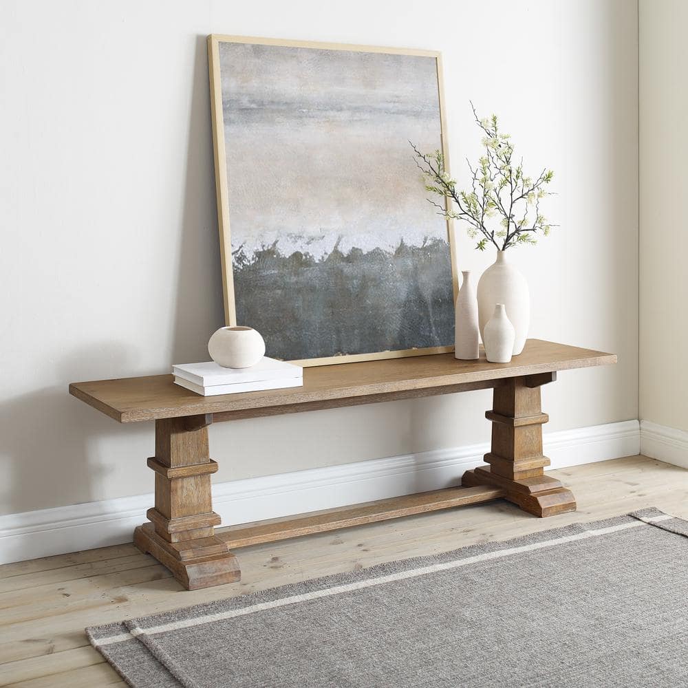 Rustic Brown Farmhouse Wood Dining Bench with Pedestal Columns
