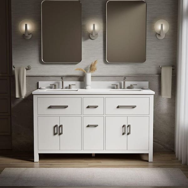 Kresla 61in. Double Sink Freestanding White Bath Vanity with White Quartz Top Assembled