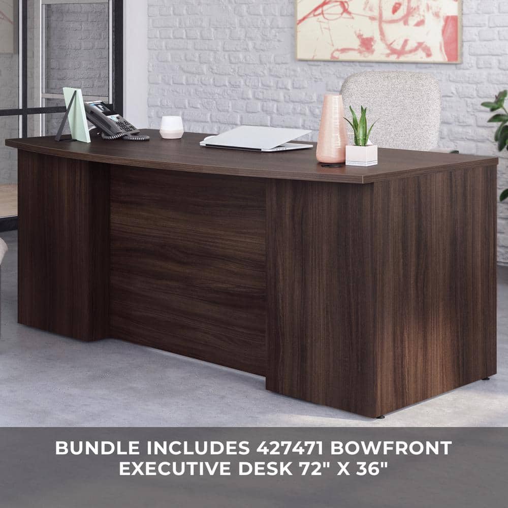 Affirm 71.102 in. x 36 in. D Noble Elm Bowfront Desk with (2 Assembled) 3-Drawer Mobile File Cabinets