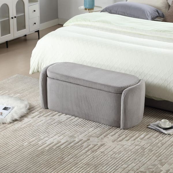 HOMEFUN 44 in. Modern Corduroy Upholstered Fabric Storage Ottoman Bench Entryway Padded Footstool in Light Gray