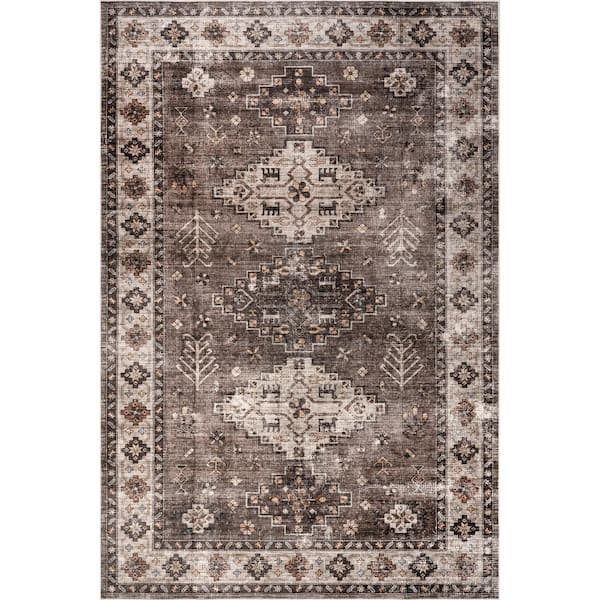 Barbary Distressed Spill Proof Washable Dark Brown 6 ft. x 9 ft. Indoor Area Rug