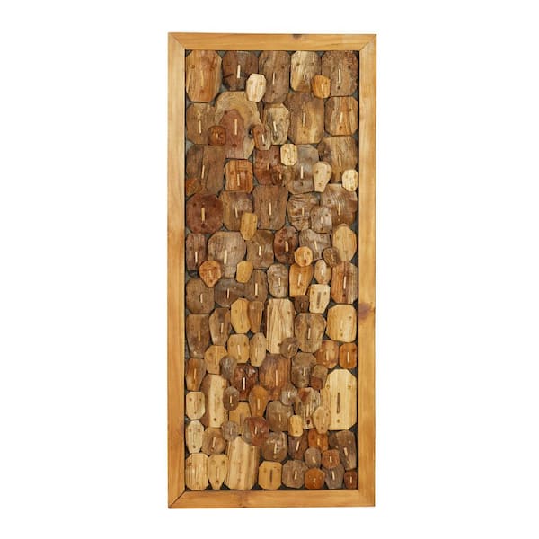Litton Lane 14 in. x 31 in. Teak Wood Brown Handmade Carved Faces Abstract Wall Decor