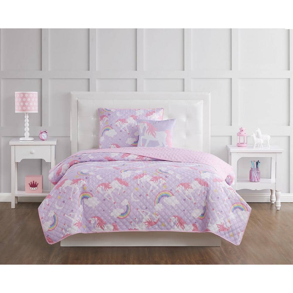 Purple Twin Unicorn and Rainbow Microfiber Quilt Set