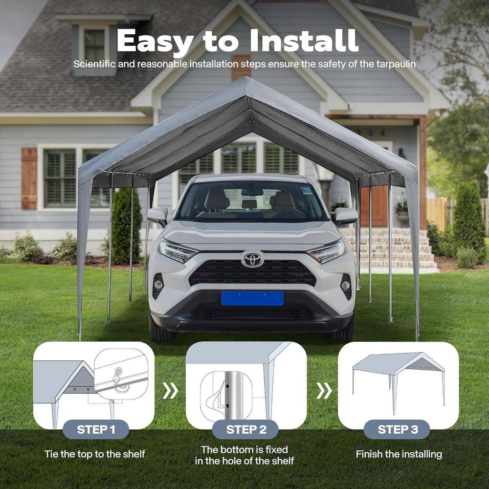 Gray 20 ft. x 10 ft. PE Fabric Carport Replacement Canopy Cover