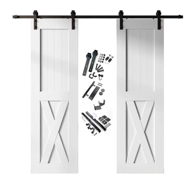 HOMACER 30 in. x 96 in. X-Frame White Double Pine Wood Interior Sliding Barn Door with Hardware Kit, Non-Bypass
