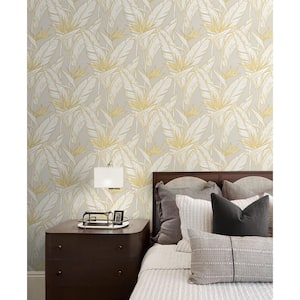 Grey and Metallic Gold Birds of Paradise Vinyl Peel and Stick Wallpaper Roll (Covers 30.75 sq. ft.)