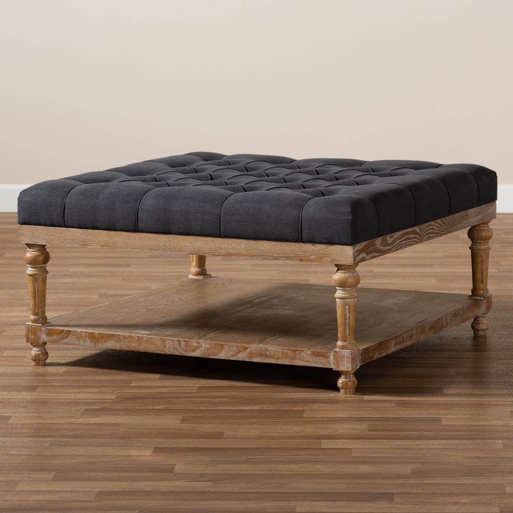 Kelly Charcoal Linen and Greywashed Wood 38" Tufted Cocktail Ottoman