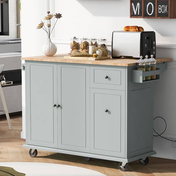 Tileon Grey Blue Wood 54 in. Kitchen Island on Wheels with Drop Leaf and 2-Doors Cabinet, 2-Storage Drawers and Towel Rack