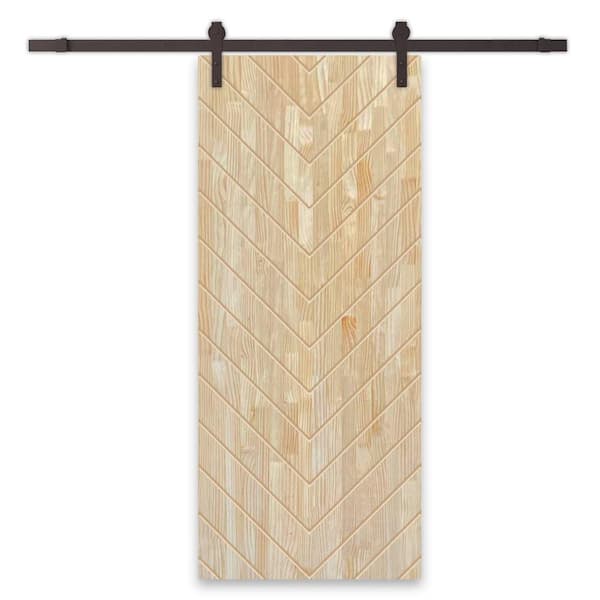 CALHOME Herringbone 30 in. x 84 in. Fully Assembled Natural Pine Wood Unfinished Modern Sliding Barn Door with Hardware Kit