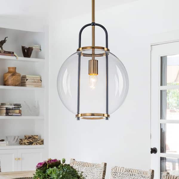 Dvorakova 11.81 in. 1-Light Black Globe Pendant Light with Hand-Blown Clear Glass Shade