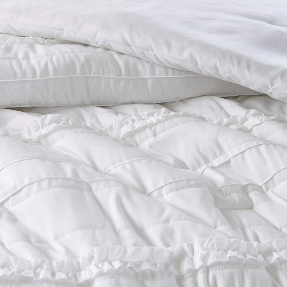 Celeste White Microfiber King Comforter Set with Ruffles