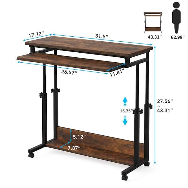 TRIBESIGNS WAY TO ORIGIN Andrea 31.5 in. Brown Mobile Drawing Wood Desk Height Adjustable Laptop End Storage Shelf Computer Cart Keyboard Tray