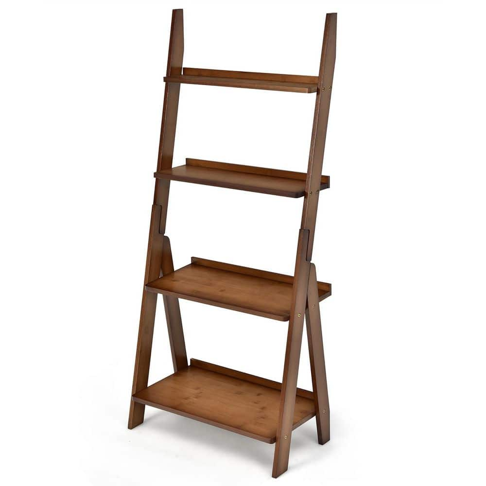 Costway Multifunctional 4 Shelf Bamboo Bookcase Ladder Plant