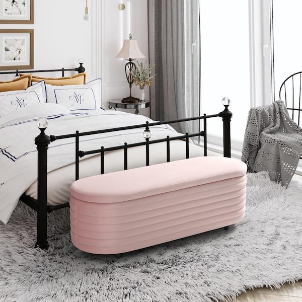WESTINFURNITURE Farrah 54 in. Wide Oval Velvet Upholstered Entryway Flip Top Storage Bedroom Accent Bench in Pink