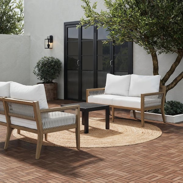 Nathan James Freya Upholstered Loveseat Sofa for Patio, Light Brown Solid Acacia Wood Frame with Linen White Cushion, Set of 2