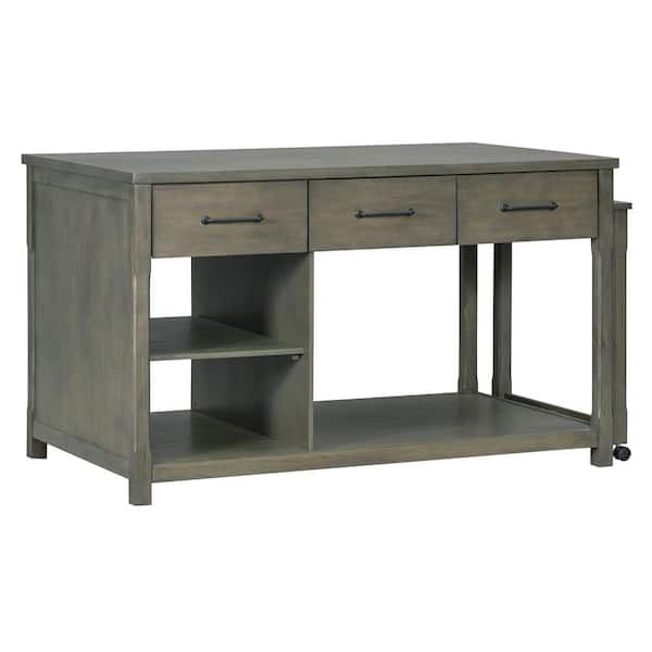 Gray Wood Top 99 in. Extendable Kitchen Island with Built-in Power Outlets, 3-Drawers, Open Shelves, and Locking Casters