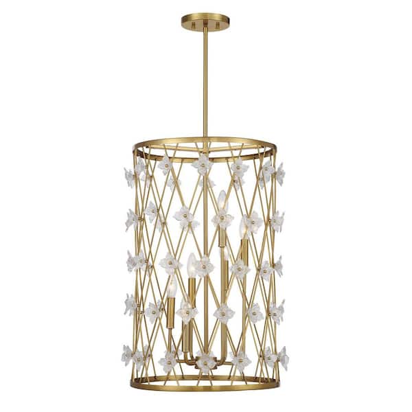 Bailey 6-Light Warm Brass Cage Pendant Light with Glass Flower Accents