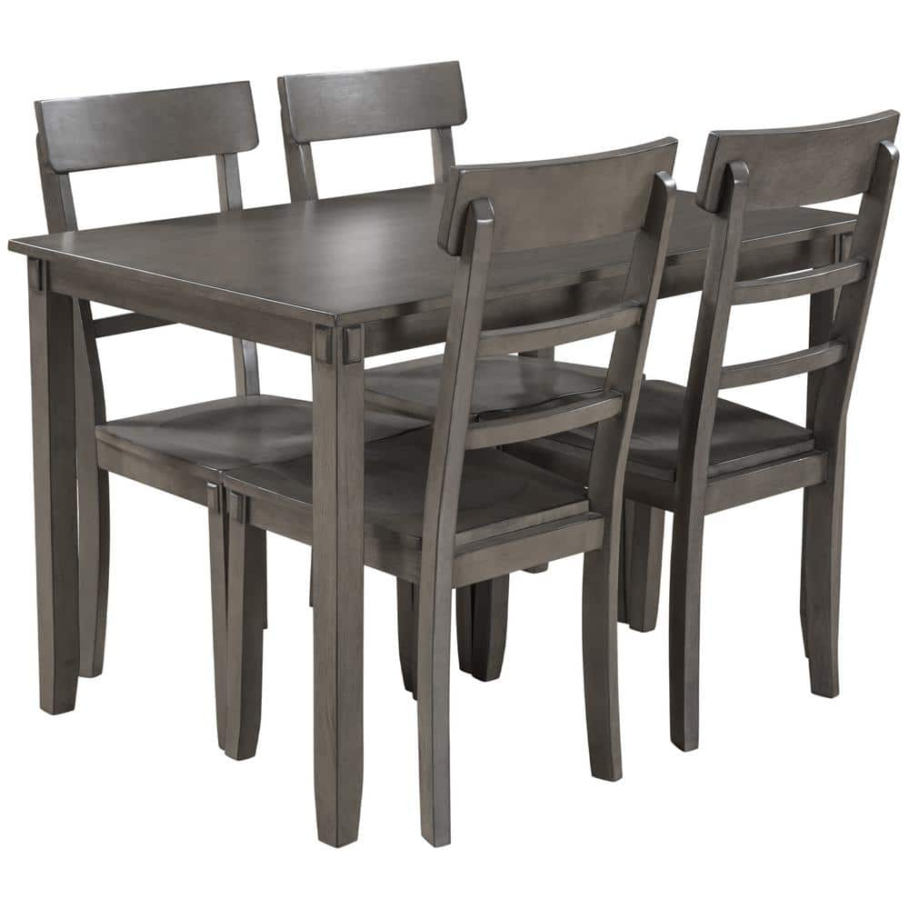 5-Piece Gray Kitchen Dining Table Set Wood Table and 4 Chairs Set for ...