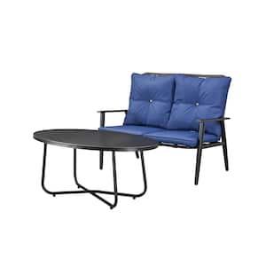 2-Piece Metal Wicker Patio Deep Seating Set with Blue Cushions