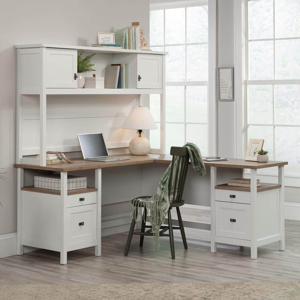 Cottage Road Coastal White Wood L-Shaped Desk with Black Hardware