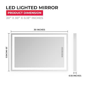 Frameless Rectangular Bathroom Wall Mounted LED Mirror 20 in. W x 30 in. H Anti-Fog and Dimmer Touch Sensor