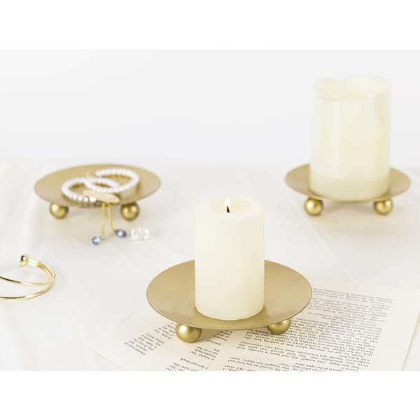 Unbranded Decorative Pedestal Golden Iron Plate Candle Holders (Set of 3)