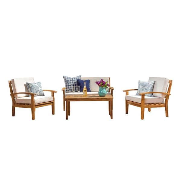 Peyton Teak Finish 4-Piece Wood Patio Conversation Set with Beige Cushions