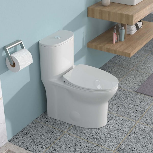 12 inch 1-piece 1.1/1.6 GPF Dual Flush Elongated Ceramic Toilet in Glossy White, MAP 800g, Soft Closing Seat Included