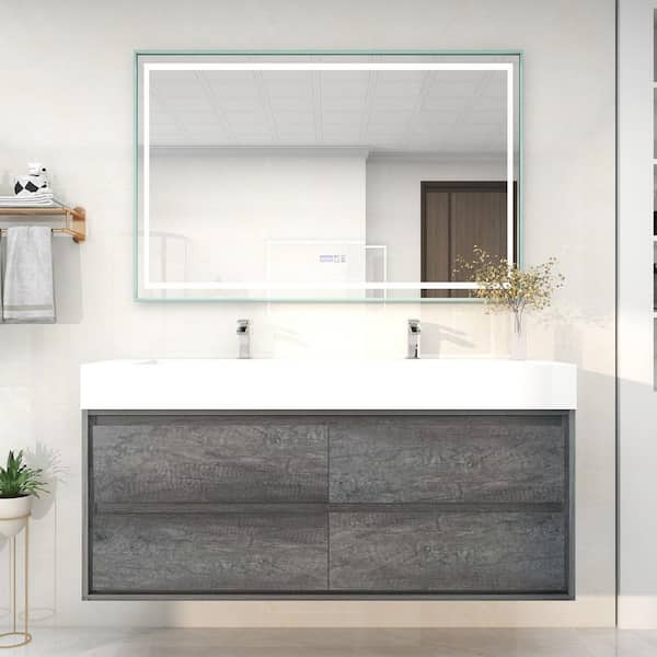 BV Better Vanity Saggie 59 in. W. x 20 in. D x 28 in. H Double Sink Floating Bath Vanity in Smoke Oak with White Acrylic Top